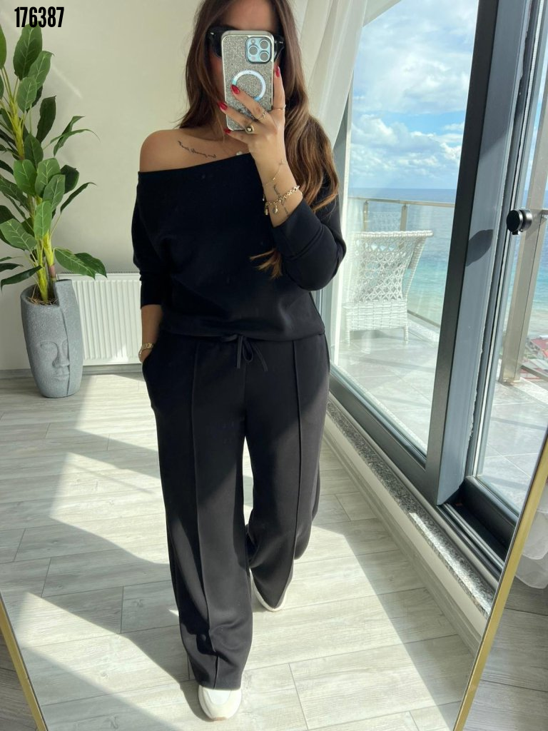 Kadın Uzun Kollu Tek Omuzdan Açık Modal Bluz Ve Pantolon Ikili Takım