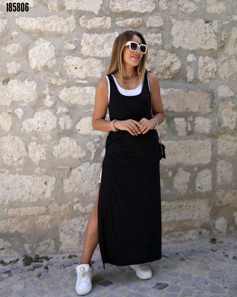 Kadın askılı yuvarlak yakalı cepli yırtmaç detaylı viskon elbise ve atlet ikili takım