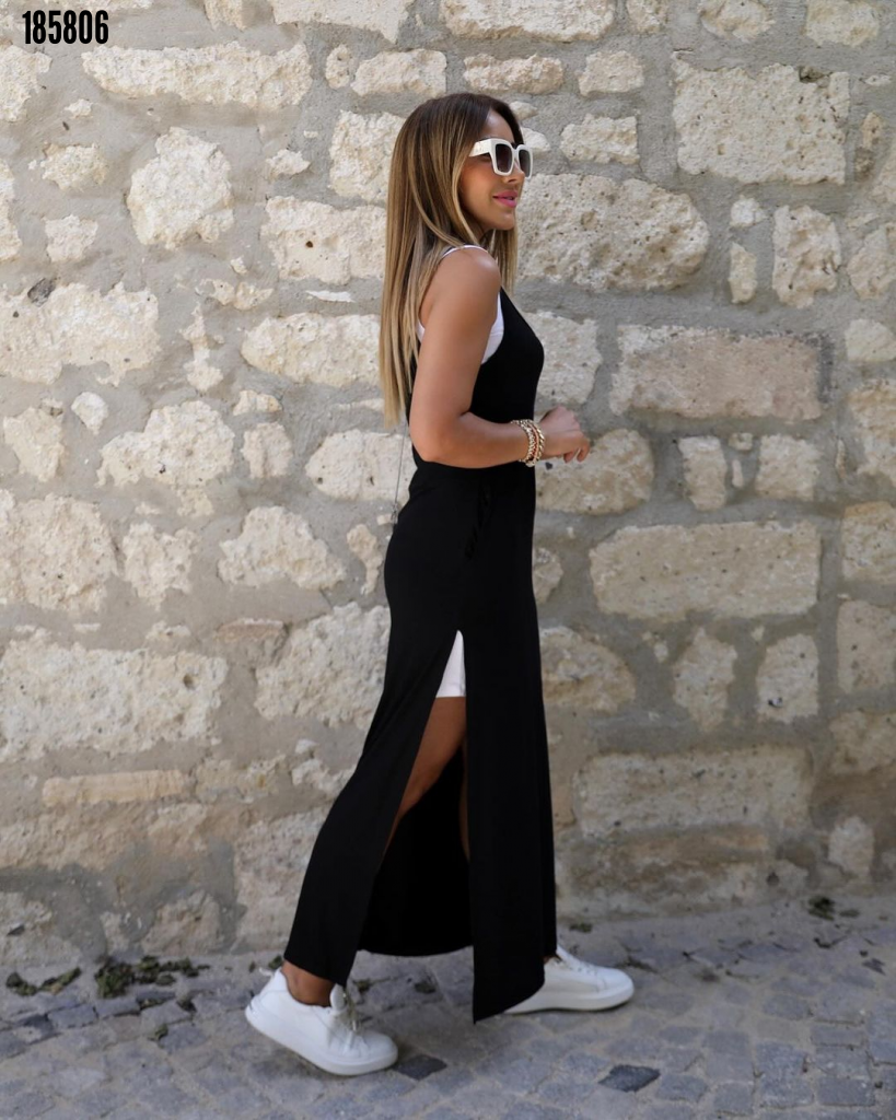 Kadın askılı yuvarlak yakalı cepli yırtmaç detaylı viskon elbise ve atlet ikili takım