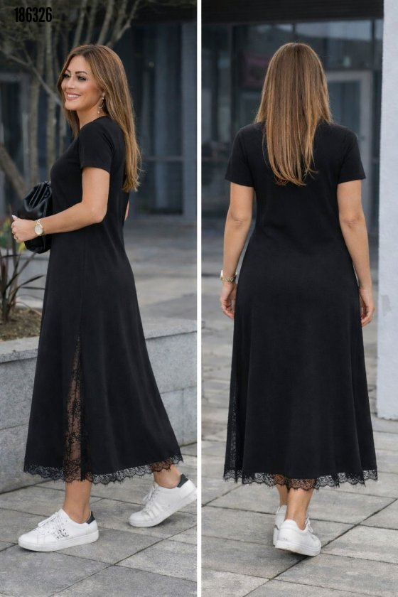 Kadın kısa kollu bisiklet yaka yandan yırtmaçlı dantel detaylı uzun viskon elbise