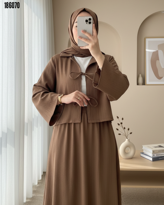 Kadın Kahve Krinkıl Takım Önü Bağlamalı Ceket & Beli Lastikli Etek İkili Takım Tesettür Şık Rahat Kombin