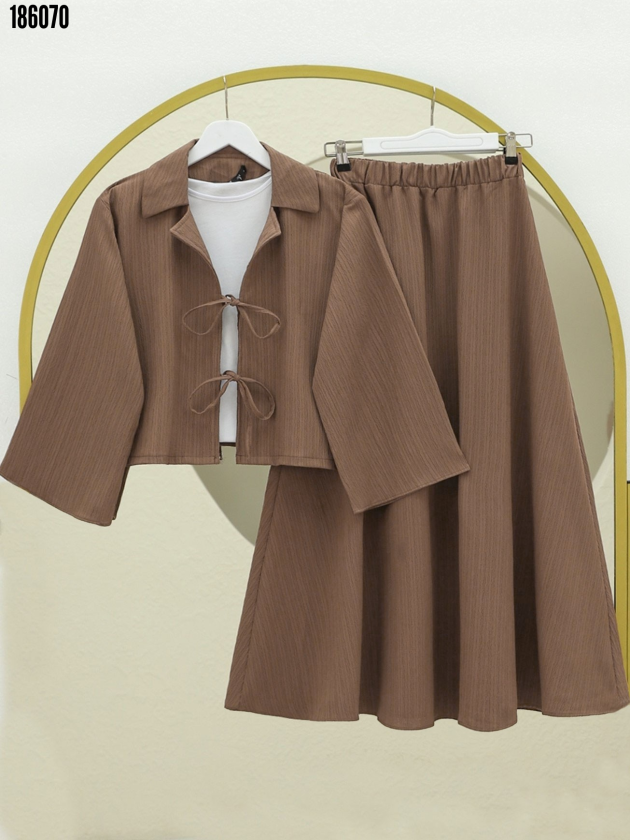 Kadın Kahve Krinkıl Takım Önü Bağlamalı Ceket & Beli Lastikli Etek İkili Takım Tesettür Şık Rahat Kombin