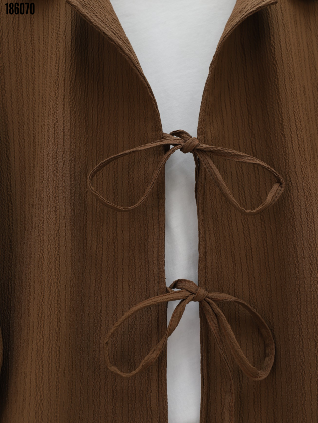 Kadın Kahve Krinkıl Takım Önü Bağlamalı Ceket & Beli Lastikli Etek İkili Takım Tesettür Şık Rahat Kombin