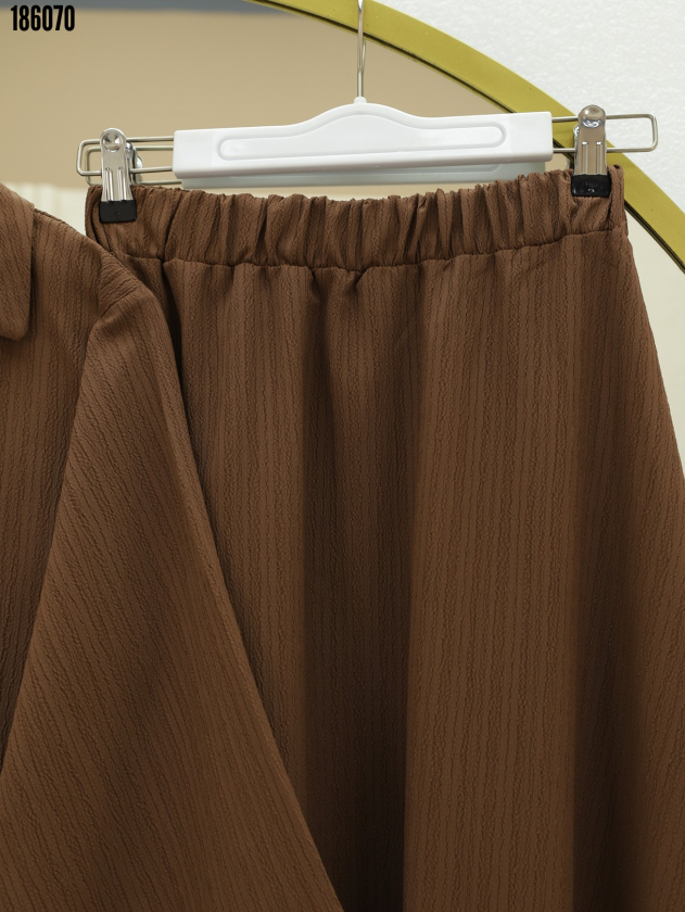 Kadın Kahve Krinkıl Takım Önü Bağlamalı Ceket & Beli Lastikli Etek İkili Takım Tesettür Şık Rahat Kombin