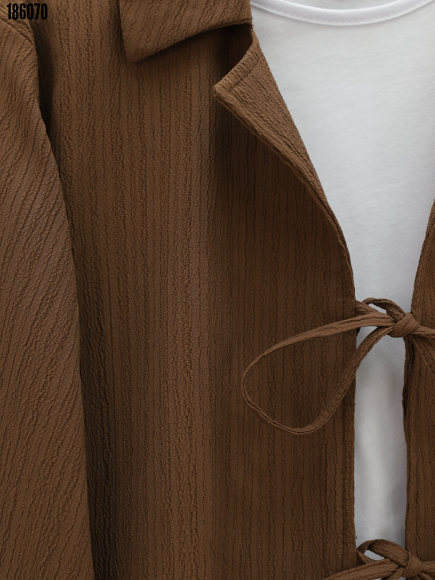 Kadın Kahve Krinkıl Takım Önü Bağlamalı Ceket & Beli Lastikli Etek İkili Takım Tesettür Şık Rahat Kombin