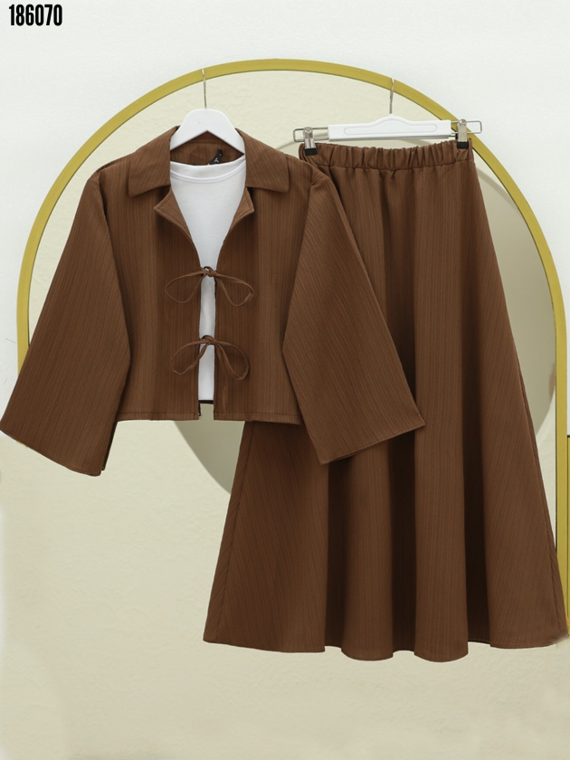 Kadın Kahve Krinkıl Takım Önü Bağlamalı Ceket & Beli Lastikli Etek İkili Takım Tesettür Şık Rahat Kombin