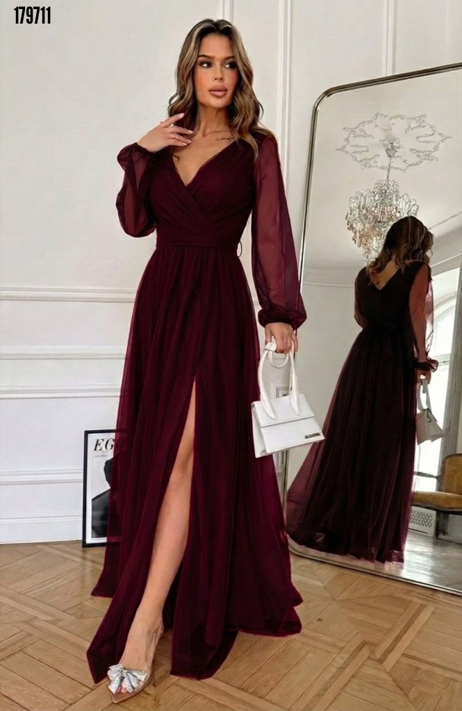 Kadın Uzun Kollu Kruvaze Yakalı Belden Kuşaklı Tüllü Uzun İthal Krep Elbise