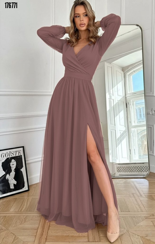 Kadın Uzun Kollu Kruvaze Yakalı Belden Kuşaklı Tüllü Uzun İthal Krep Elbise