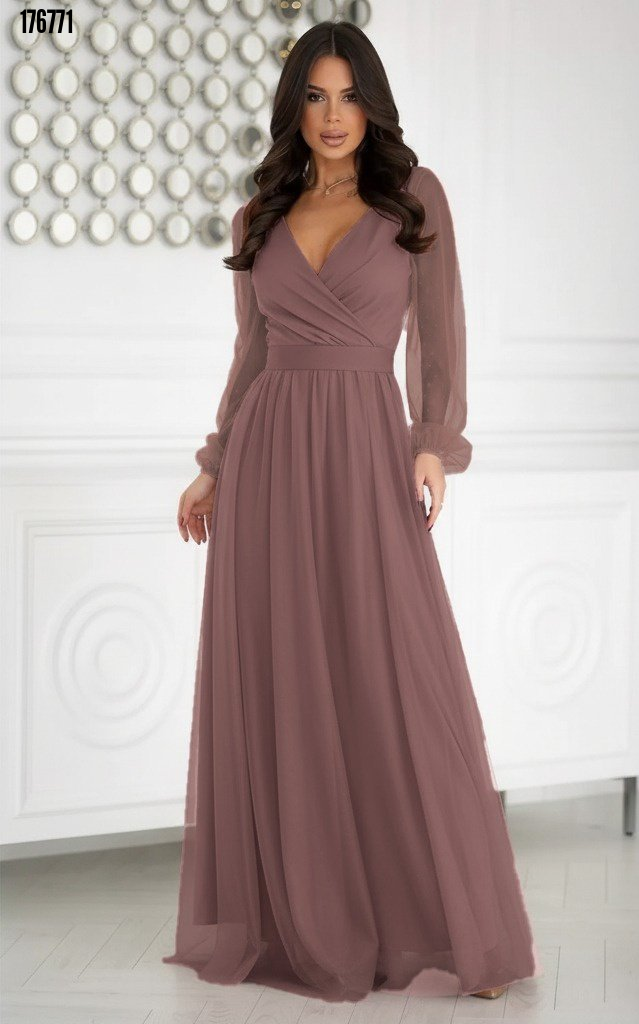 Kadın Uzun Kollu Kruvaze Yakalı Belden Kuşaklı Tüllü Uzun İthal Krep Elbise