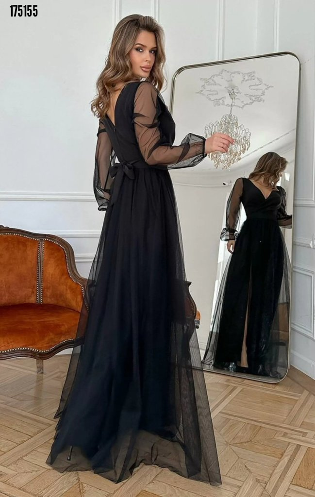 Kadın Uzun Kollu Kruvaze Yakalı Belden Kuşaklı Tüllü Uzun İthal Krep Elbise