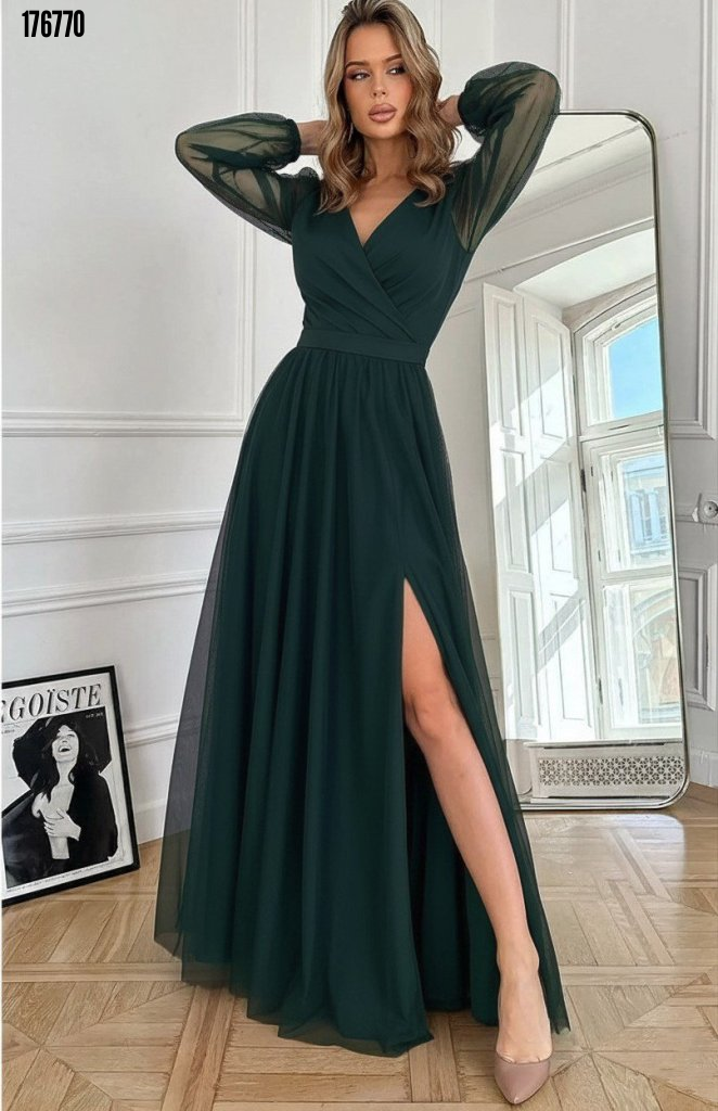 Kadın Uzun Kollu Kruvaze Yakalı Belden Kuşaklı Tüllü Uzun İthal Krep Elbise