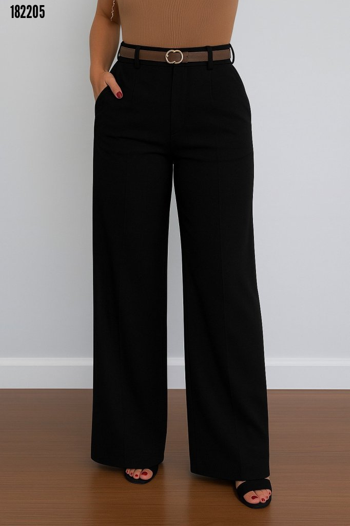 Kadın Yüksek Bel Geniş Paça Detaylı Cepli İthal Krep Pantolon