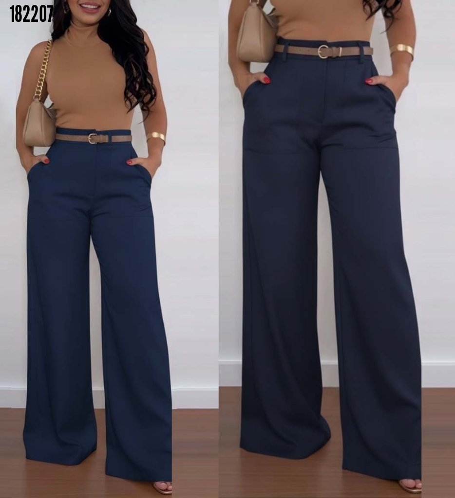 Kadın Yüksek Bel Geniş Paça Detaylı Cepli İthal Krep Pantolon