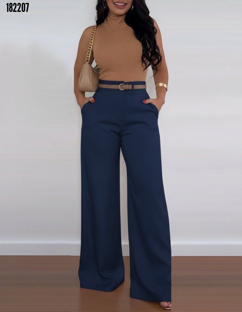 Kadın Yüksek Bel Geniş Paça Detaylı Cepli İthal Krep Pantolon