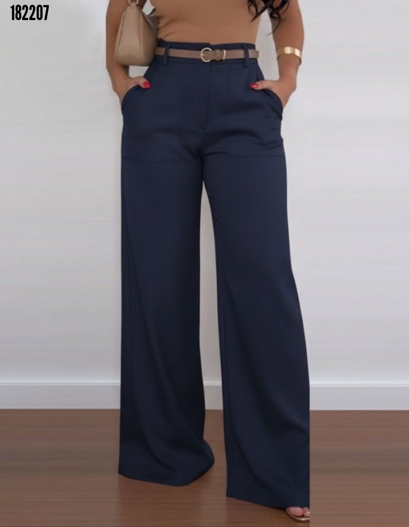 Kadın Yüksek Bel Geniş Paça Detaylı Cepli İthal Krep Pantolon