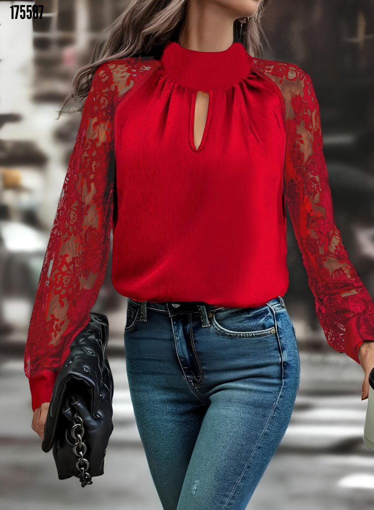 Kadın Tül Kol Detaylı Boğazlı Sandy Bluz – Göğüs Pencere Tasarım