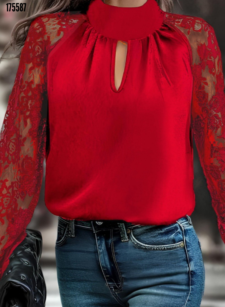 Kadın Tül Kol Detaylı Boğazlı Sandy Bluz – Göğüs Pencere Tasarım