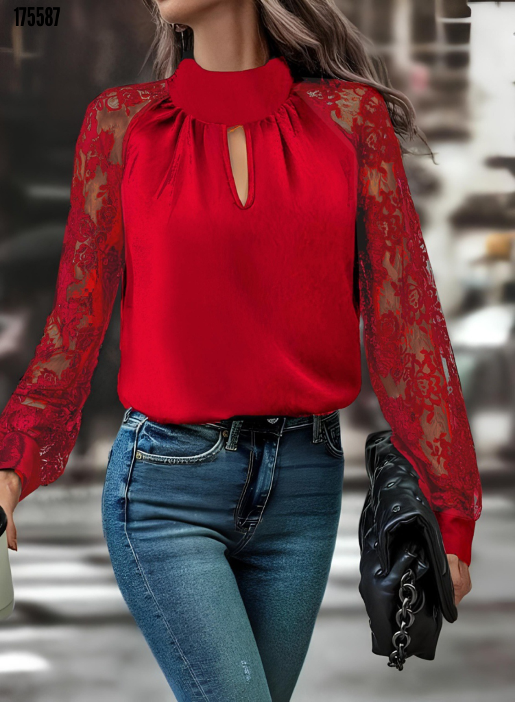 Kadın Tül Kol Detaylı Boğazlı Sandy Bluz – Göğüs Pencere Tasarım