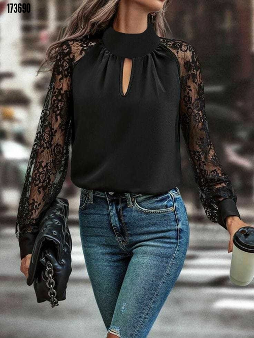 Kadın Tül Kol Detaylı Boğazlı Sandy Bluz – Göğüs Pencere Tasarım