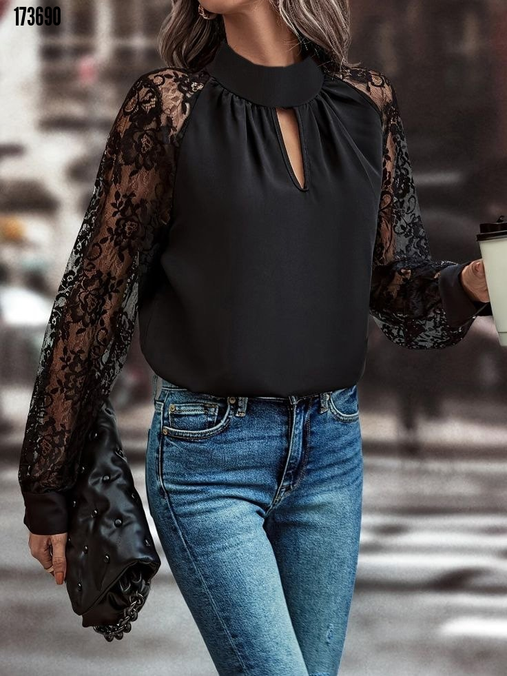 Kadın Tül Kol Detaylı Boğazlı Sandy Bluz – Göğüs Pencere Tasarım