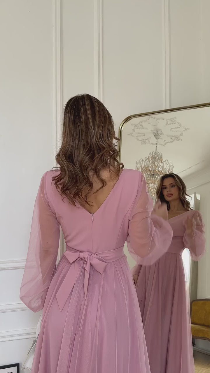 Kadın Uzun Kollu Kruvaze Yakalı Belden Kuşaklı Tüllü Uzun İthal Krep Elbise